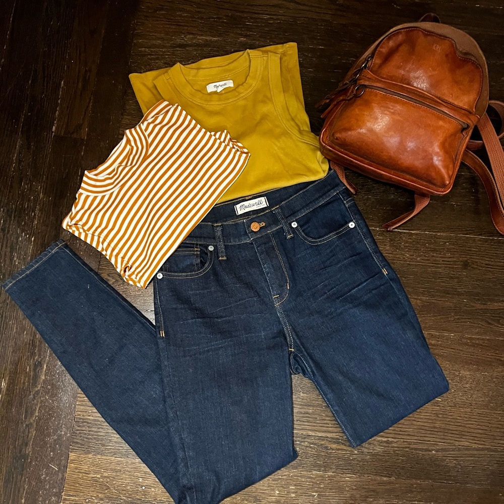 MADEWELL BUNDLE Leather backpack bag jeans seersucker skirt leggings tan…